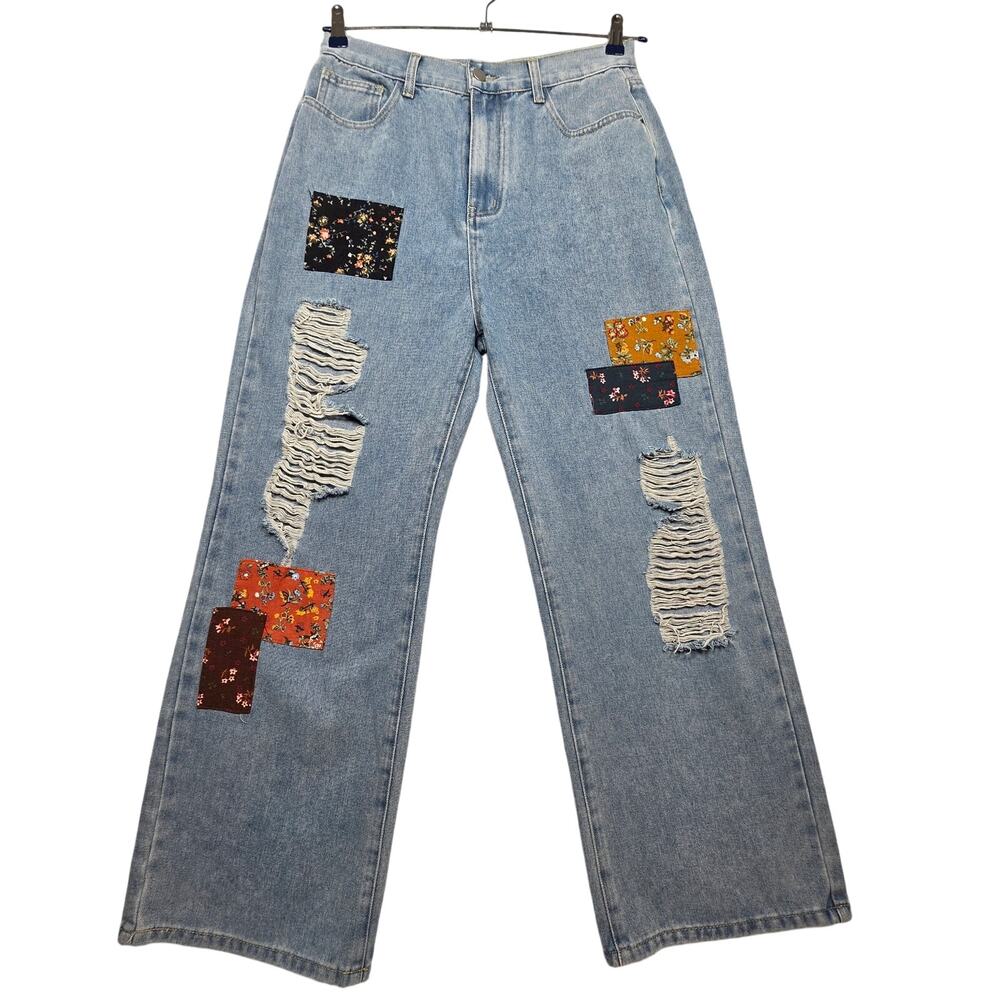 Cider High Waisted Distressed Wide Leg Patchwork Denim Jeans
